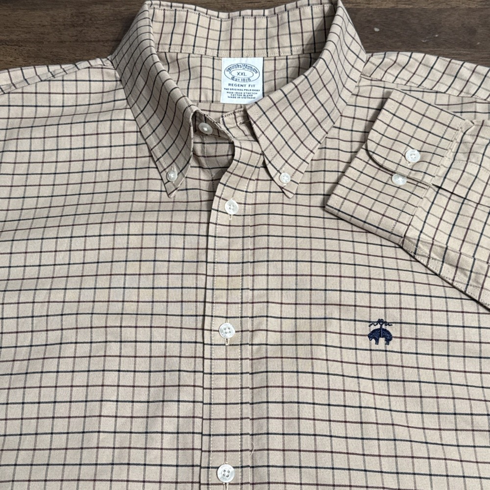 Brooks Brothers Shirt Mens 2XL Tan Plaid Check Regent Fit Non-Iron Button Down